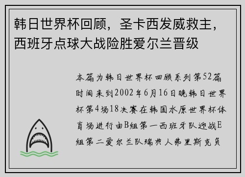 韩日世界杯回顾，圣卡西发威救主，西班牙点球大战险胜爱尔兰晋级